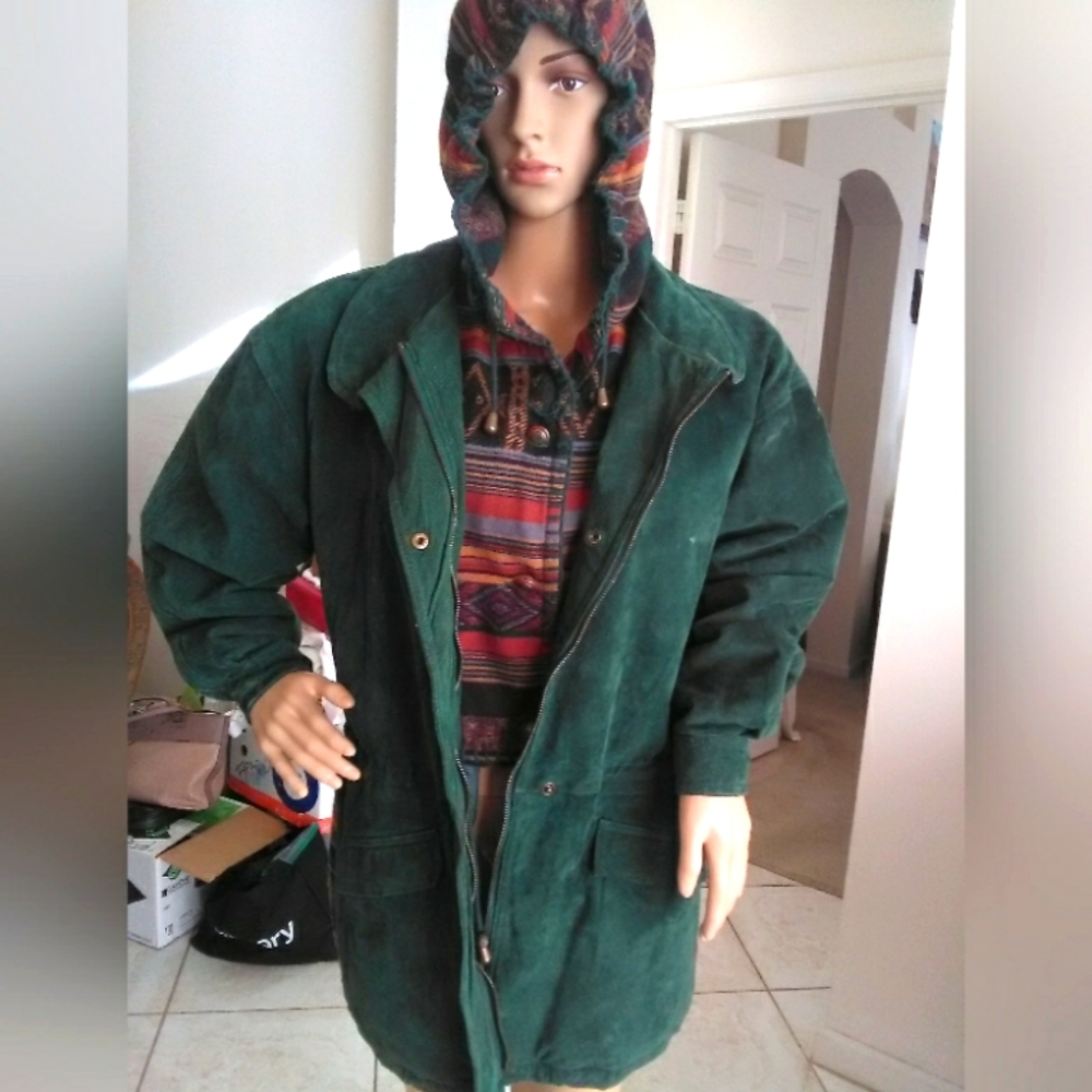 VINTAGE LEATHER JACKET "UNIQUE" EXC. COND. GREEN W/ AZTEC HOODIE & VEST ATTACHED